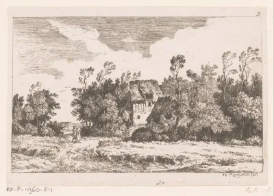 Twee wandelaars bij boerderij