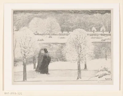 Twee wandelende vrouwen in een besneeuwd landschap