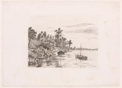 Twee zeilboten in een rivier met aan de oever huizen