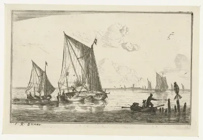 Twee zeilschepen en een roeiboot