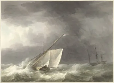 Twee zeilschepen op woelige zee