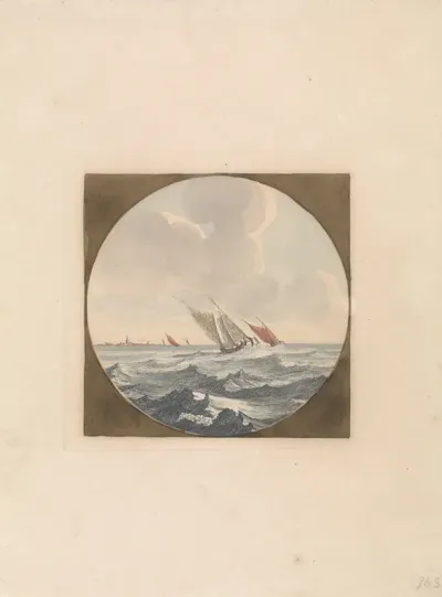 Twee zeilschepen op zee en een stad aan de kust