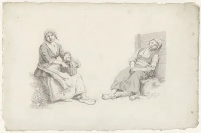 Twee zittende boerenmeisjes