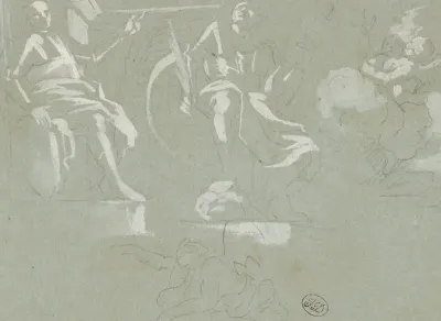 Twee zittende figuren en engelen op wolken