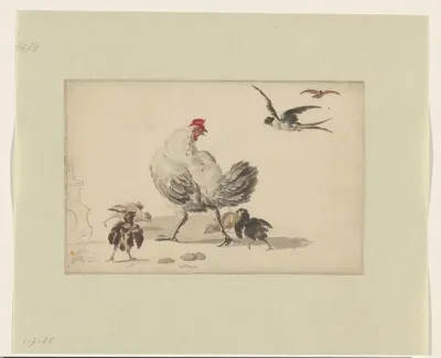 Twee zwaluwen en een hen met vier kuikens