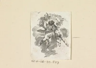 Twee zwevende putti met een krans van bladeren