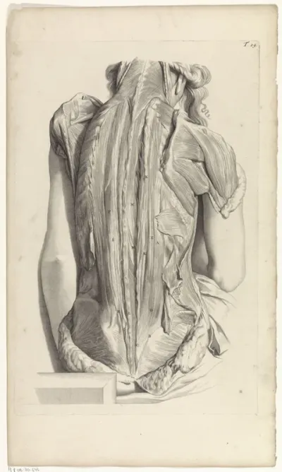 Tweede anatomische studie van de spieren van de rug en de bovenarmen van een vrouw