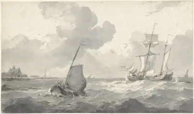 Tweemaster en vissersboot voor de kust