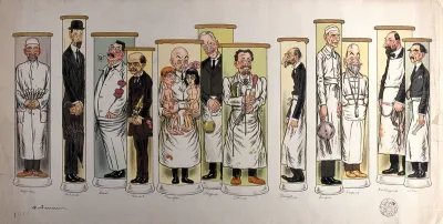 Twelve doctors standing in test tubes