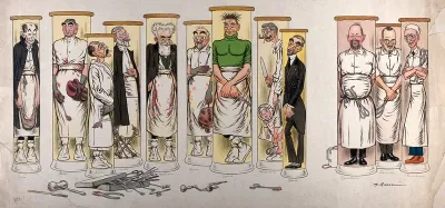 Twelve French surgeons portrayed as pathological specimens in glass jars