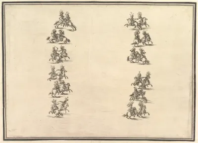 Twenty-four riders dueling and forming two columns, from "La Gara delle Stagioni"