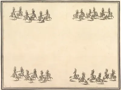 Twenty-four riders dueling with swords in four groups, with two groups in lines at the top and bottom of the page, from "La gara delle Stagioni"