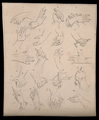 Twenty hands shown in various postures, movements and deeds