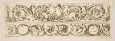 Two Acanthus Friezes: Cupid Subduing Two Lions; Heads of Four Seasons, plate 14 from "Decorative friezes and foliage" (Ornamenti di fregi e fogliami)
