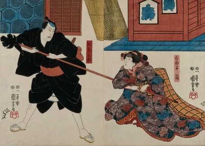 Two actors at a shrine: one as a footman, the other as a girl