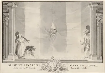 Two Actors Peeking through a Theater Curtain while Others Prepare the Footlights