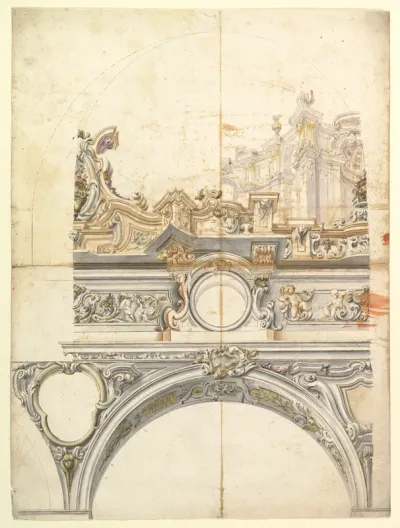 Two Alternate Designs for a Balustrade with Architectural Perspective