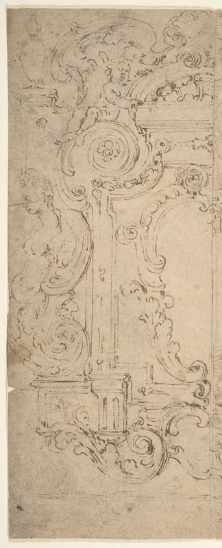 Two Alternative Designs for a Cartouche Decorated with a Frame, Statues, and Volutes