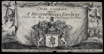 Two angels support the backdrop to the coat of arms of Gilles Foucquet; title page to Livre d'oyseaux