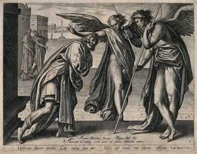 Two angels visit Lot with the intention of destroying Sodom: he offers them hospitality