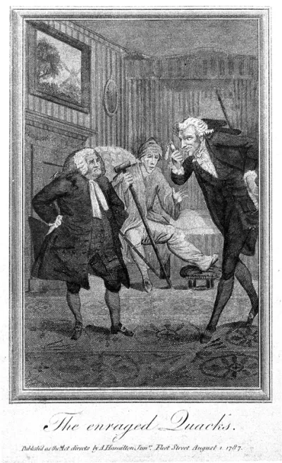 Two angry medical practitioners arguing about opposing methods in front of a gouty (?) patient
