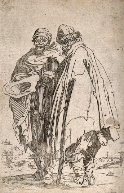 Two bearded beggars holding out an upturned hat begging for alms
