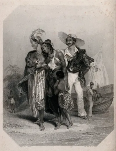 Two black women and a boy on Lake Chad are about to be led away into slavery by a Spaniard