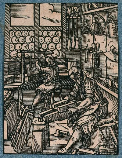 Two bookbinders at work: one is sewing the quires of a volume with thread, while the other is tightening a volume in a nipping press