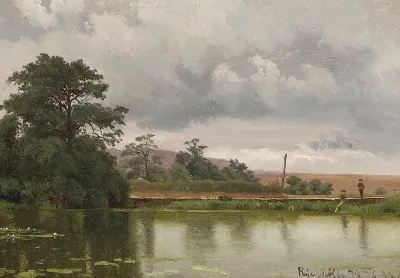 Two boys at a pond on a summer day.