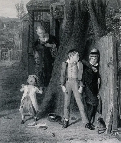 Two boys hide behind a tree from a woman who is looking for them