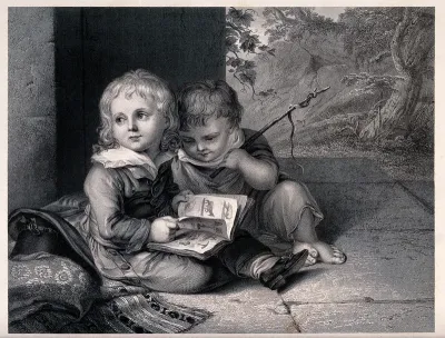 Two boys sitting together, one holding a stick and looking at the picture book that his brother is holding