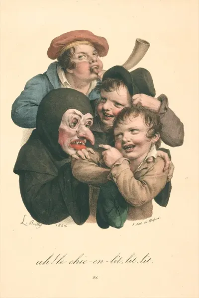Two boys tease a carnival reveller wearing a grotesque mask, while a third boy blows a horn