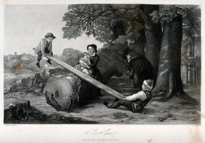 Two boys use a plank of wood over a log as a see-saw, one woman sits with a chid on the log and another stands nearby
