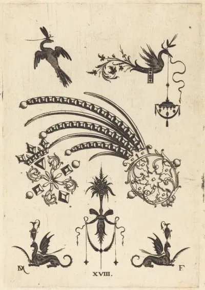 Two Brooches with Bird and Winged Snake at Top and Griffins with Vases at Bottom