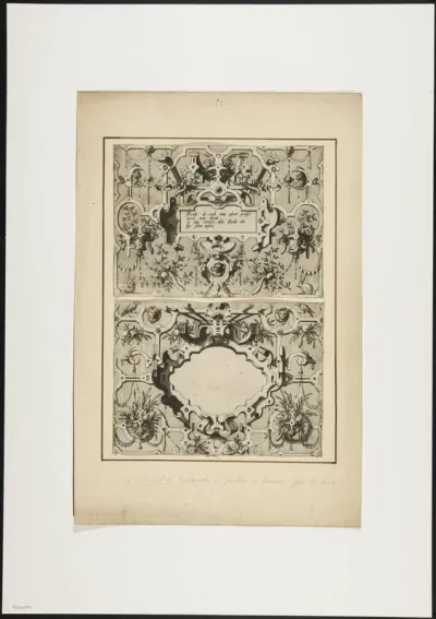 Two cartouches with scrollwork and grotesques
