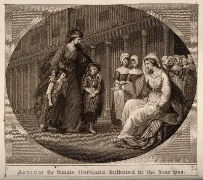 Two children are brought to the nurses of the Asylum for Female Orphans, Lambeth, London