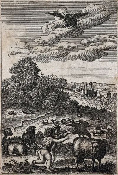 Two children are running towards a sheep with a crow on its back while an eagle bears a lamb in its claws in the sky above; illustration of a fable by Aesop