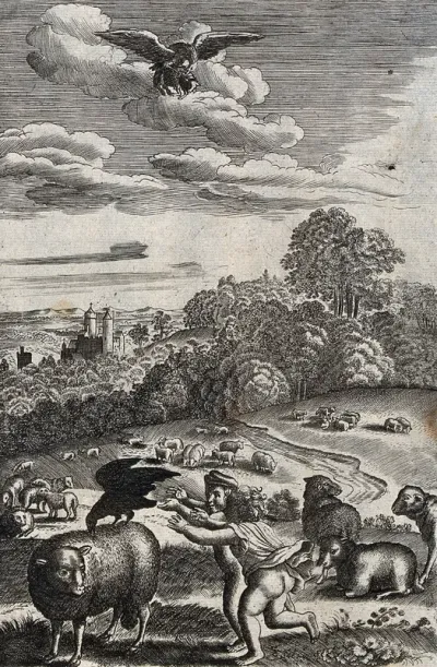 Two children are running towards a sheep with a crow on its back while an eagle in the sky above bears a lamb in its claws
