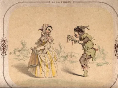 Two children dressed in jester's clothes perform a dance