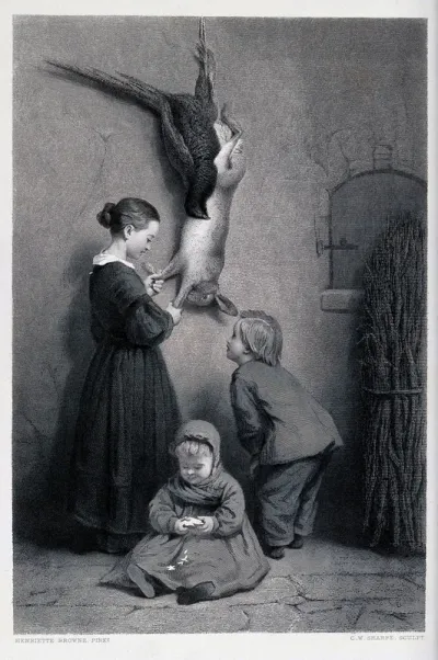 Two children examining a hare and a fowl hung up after a hunt while a younger child sits on the ground eating bread