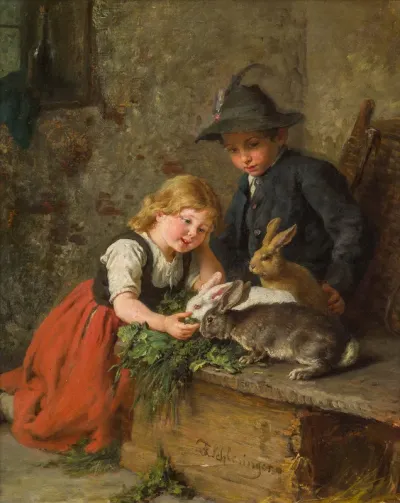 Two children feeding rabbits