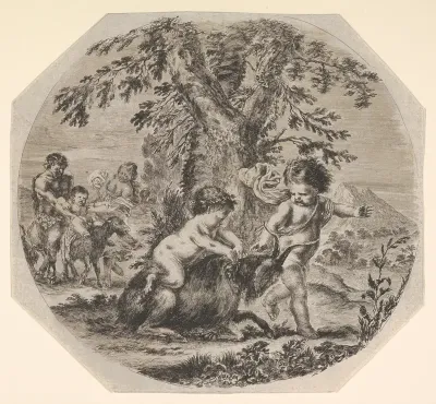 Two children playing with a goat in center, turned towards the right, a child satyr sitting atop the goat, the other child gesturing towards the right, a satyr and a woman watching their child ride a goat in the background
