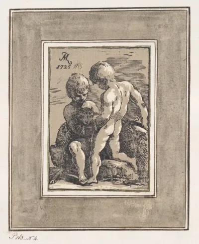 Two Children Playing with a Lamb