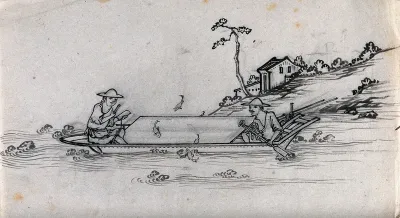 Two Chinese fishermen in their boat, fishing by moonlight