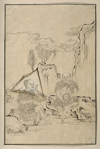 Two Chinese men sitting on a rocky mountainside, wearing simple garments fashioned from leaves