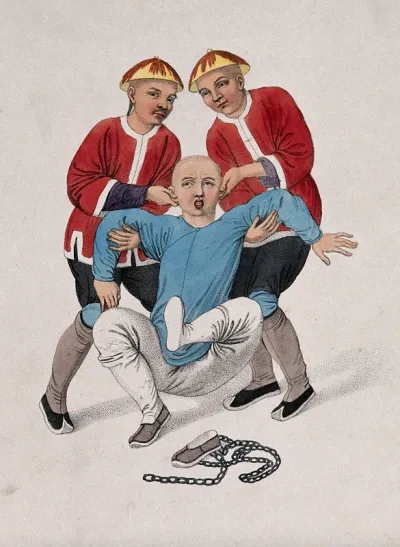 Two Chinese men wearing red jackets are holding a Chinese prisoner by the ears and under the arms