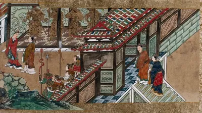 Two Chinese nobles arrive at a palace complex, the vestibule of which is decorated with golden statues of warriors