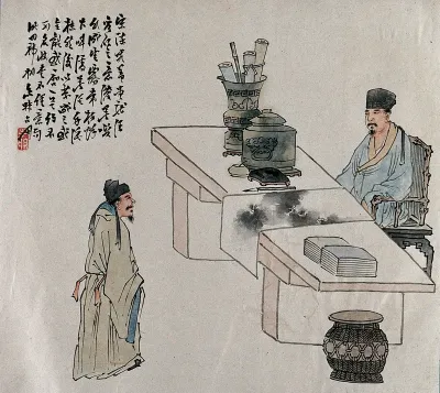 Two Chinese officials meet in an office to discuss the a landscape painting on a desk