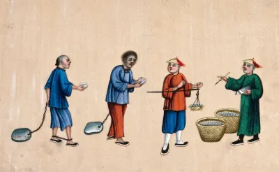 Two Chinese prisoners receiving food: an official is shown supervising the weighing and distribution of food to the two prisoners, who are shown carring one small bowl each
