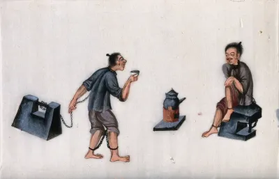 Two Chinese prisoners, shackled to large weights: one prisoner drinks tea (?), while the other sits beside a small furnace